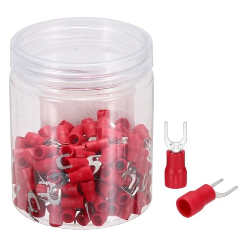 sourcing map Insulated Fork Spade Connectors, 16-14AWG SV2-4 U-Type Tinned Copper Waterproof Fork Crimp terminals Connectors for Industrial Electrical Marine Wiring, Pack of 150 (Red)