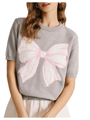 Image of BEAUDRM Women's Bow Short Sleeve Sweater Crewneck Knitted Pullover Cropped Tops Chunky Sweater Shirt Grey Small