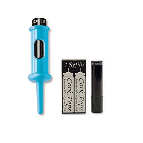Cork Pops Original Wine Bottle Opener, 6.5 Inch – Made in USA, Effortless Push-Button Cork Removal, Includes Cartridge (Opens Up to 60 Bottles) (Blue, 3 Cartridges)