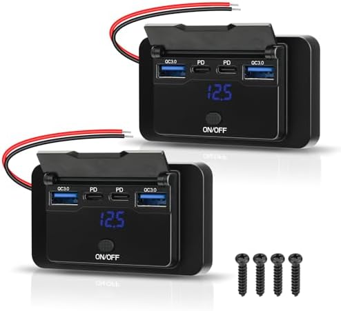 ULITECO 2 Pack 78W 12V USB Outlet Panel Wall Mount with Blue Voltmeter Dual 36W PD & Dual 18W QC3.0 Car USB Port Lightweight 12V USB Charger with ON/Off Switch