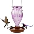 Juegoal Glass Wild Bird Waterer, 37 oz Wild Bird Feeder for Outdoors, Diamond Shaped Water Cooler with Metal Handle Hanging for Garden Tree Yard Outside Decoration, Violet