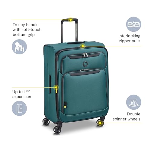 Image of DELSEY PARIS Sky Max 3.0 Checked Suitcase 24 Inch, Lightweight Softside Expandable Luggage, Spinner Wheels, Soft Touch Handle, Teal Blue