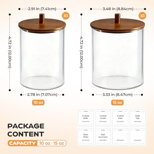 15oz-10oz-Glass-Qtip-Holder-with-Acacia-Wood-Lids-2-Pack-Apothecary-Jars-Small-Glass-Dispenser-Jars-with-Labels-for-Cotton-Swabs-Cotton-Balls-Pads-Floss-Picks-Toothpicks-Vanity-Organization