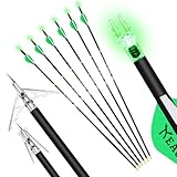 KEAUP 6 Pack 32 Inch Carbon Hunting Arrows with 100 Grain Broadheads and .244 Lighted Nocks Archery Arrows for Compound Bow Recurve Bow Archery Hunting (Green, Spine 350)