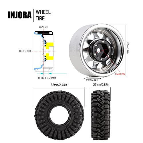 INJORA 1.0" Beadlock Wheel Rims Tires Set -3.78mm Offset for 1/18 1/24 RC Crawler Car Axial SCX24 FMS FCX24 FCX18 TRX4M, Silver(W1004-T1014) - Image 3