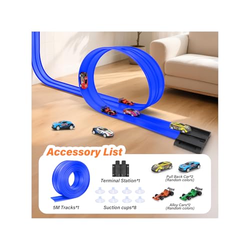 Autorennbahn 5M Inklusive 4 Autos: KETIEE Flexible Rennstrecke Auto Rennbahn Spielzeug Autobahn Kinder Rollt Auf Tragbare Dual Rennstrecke Rampen für 1/64th Autos für Alter 3+, Blau