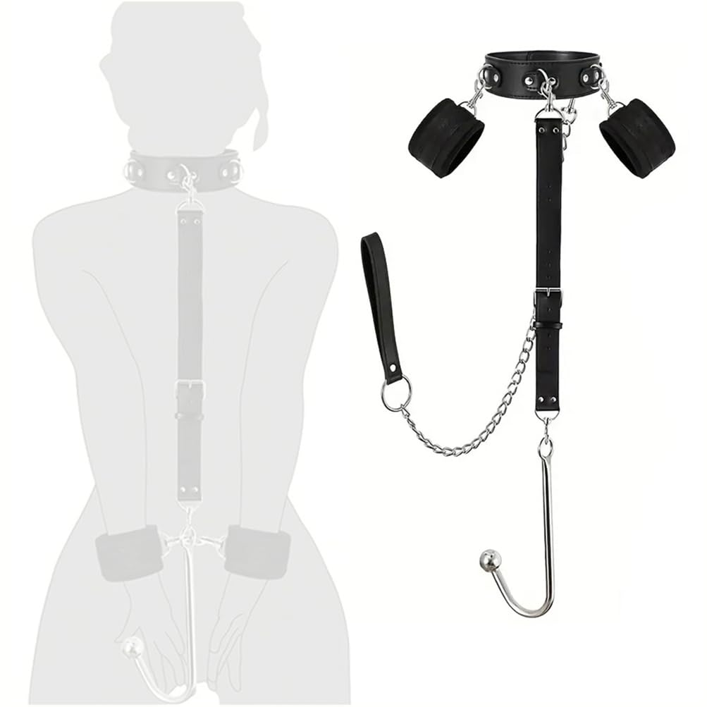 1 Set de Collar de Cuero Negro Ajustable con Gancho para Esposas, Haz el Juego Más Divertido