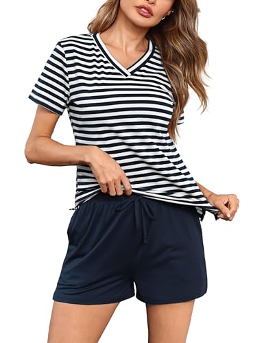 Bresdk Schlafanzug Damen Kurz Pyjama Damen Baumwolle Streifen Hausanzug V-Ausschnitt Schlafanzüge Kurzer Nachtwäsche mit Tasche Pyjamas Set Marine XL