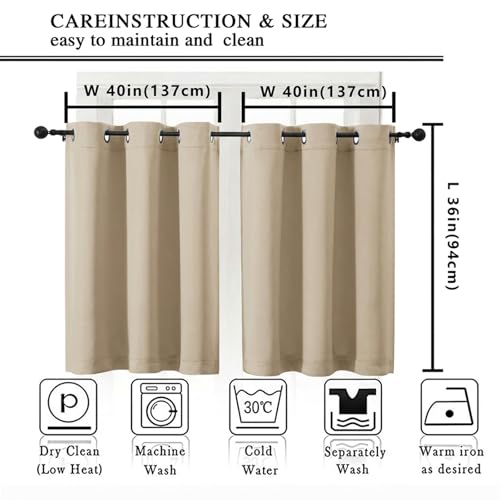 Image of Simplebrand Biscotti Beige Short Cafe Curtains 36 Inch Length 2 Panels Set, Half Window Privacy Drape Tiers for Kitchen, Thermal Insulated Room Darkening Curtains for Bathroom Shades, W40 x L36