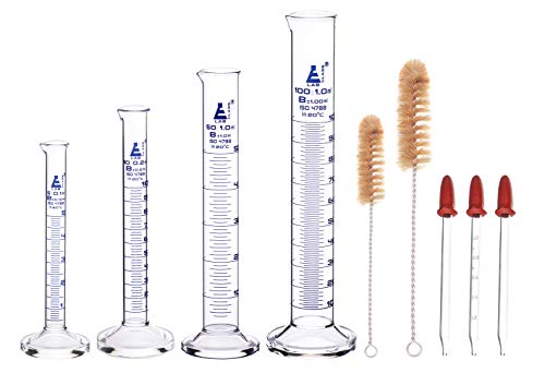 Graduated Cylinder Set, 9 Pieces - Class B - 5Ml, 10Ml, 50Ml, 100Ml Thick Borosilicate 3.3 Glass Cylinders, 3 Glass Droppers, 2 Cleaning Brushes - Eisco Labs #TOP1