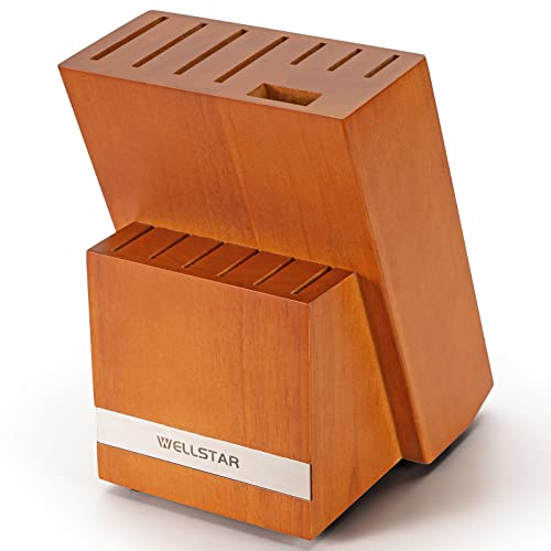 Messerblock ohne Messer, WELLSTAR Naturholz Küchenmesser Block ohne Messer, Küchenmesserblock mit 14 Schlitzen,Hartholz Arbeitsplattenmesser Lagerung-Braun Cover