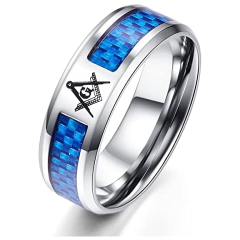 8MM Men's Carbon Fiber Silver Blue Freemason Masonic Ring Tungsten Steel Ring Engagement Promise Anniversary Wedding Band Cover