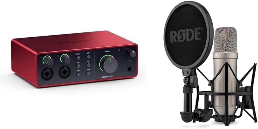 Scarlett 4i4 4th Gen USB Audio Interface, for Musicians & RØDE NT1 5th Generation Large-diaphragm Studio Condenser Microphone with XLR and USB Outputs, Shock Mount and Pop Filter