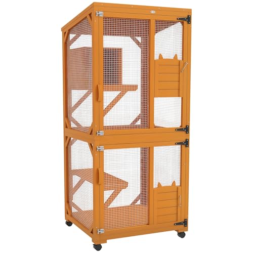 PawHut Wooden Catio with Waterproof Roof, Large Cat House with High-Up Resting Box, Indoor & Outdoor Cat Enclosure with Wheels, for 1-3 Cats, Orange