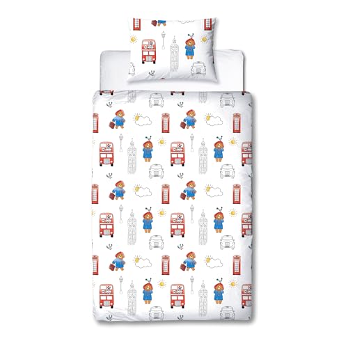 Character World Offizielles Paddington Bear™ Bettbezug-Set für Einzelbett, 2-seitiges, wendbares Stationsdesign, passender Kissenbezug, Einzelbett-Set, Weiß und Blau, Polycotton