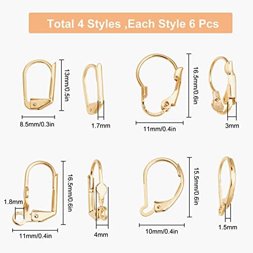 SUNNYCLUE 1 Box 24Pcs 4 Styles 24K Gold Plated Leverback French Earring Hooks Leverback Earwires Earring Findings for Jewellery Making Women DIY Earrings Crafts Crochet Stitch Markers Supplies