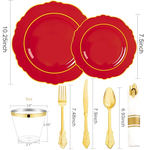 Liacere 350PCS Red Plastic Plates - Red Disposable Plates With Gold Rim - 50Guest Baroque Plastic Dinnerware include 100Plates-50Pack Pre Rolled Napkins with Silverware 50Cups for Party/Christmas by Liacere - Used condition - Image 7