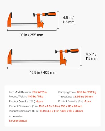 Image of VEVOR Bar Clamps for Woodworking, 8-Pack, 6 inch and 12 inch F Clamps, 600 lbs Load Limit, with Plastic Pad and Self-Locking Design, Malleable Iron and Carbon Steel, for Wood Working and Metal Working