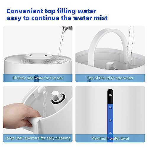 6L Humidifiers For Bedroom Large Room Home, Cool And Warm Humidifiers For Baby And Plants Mist Top Fill Desk Humidifiers Essential Oil Diffuser, Quiet Humidifiers With Adjustable Mist,360°Nozzle-White #TOP2