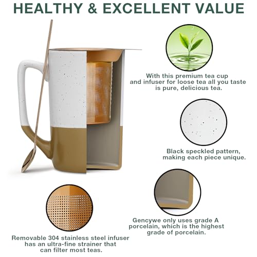 Gencywe Ceramics Large Tea Cup with Loose Leaf Infuser, Spoon and Lid, 16 oz Tall Coffee Mug, Microwave and Dishwasher Safe, Rustic Matte Ceramic Glaze, Tea Strainer, Amber