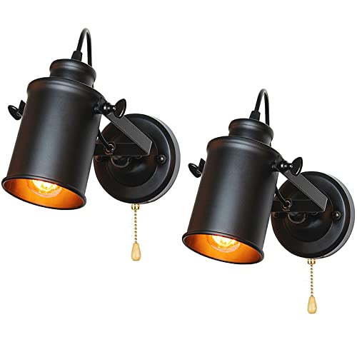 E27 Retro Industrial Wandleuchte mit Schalter Vintage Lampe LED Innen Wandlampen mit Zugschalter Schwenkbar Schwarz Antike Lampe 180° Drehbar Metal Wandspot Schlafzimmer Flur Café Loft (2 Stückes) Cover
