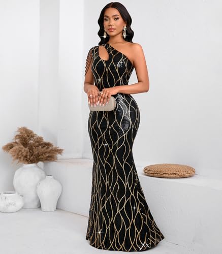 Image of Cololura Women Sequin Elegant Sexy One Shoulder Tassel Mermaid Bodycon Cocktail Evening Dress