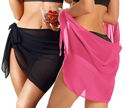 2 Pieces Sarong Cover Ups for Women Beach Bathing Suit Wrap Sheer Short Skirt Bikini Chiffon Scarf for Swimwear (Light Pink and Black) — view 5