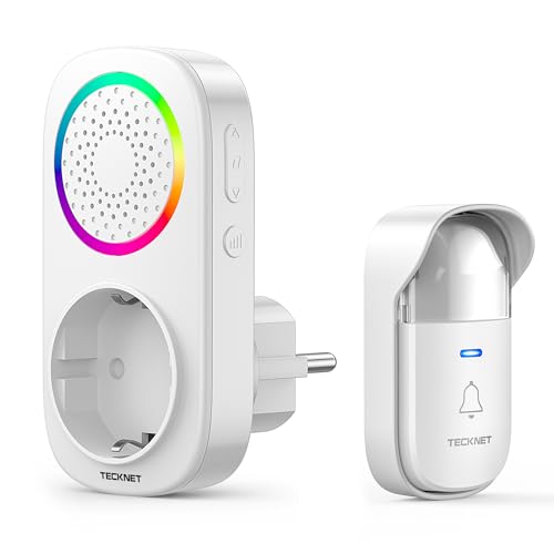 TECKNET Funkklingel Batterielose, IP65 Wasserdicht Funk Türklingel Set, Haustürklingel mit Plug-In-Empfänger, Klingel Haustür Kit mit EU-Steckdose und RGB Licht, 5 Lautstärkestufen, 60 Melodien, 300m