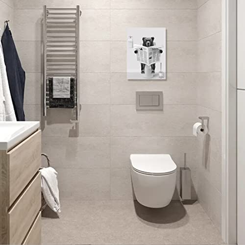 Black And White Wall Art Decor - Bear With Glasses Sitting In Toilet Reading Newspaper Canvas Prints Pictures Funny Animals Artwork For Bathroom Farmhouse Walls Decoration Framed 12"X16" #TOP4