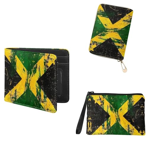 Jamaica Theme 3pcs Men’s Wallet Card Holder Coin Purse,Jamaican Flag Print Slim Wallet for Men,Minimalist Man Wallet Multicolor 7'×5'×1'