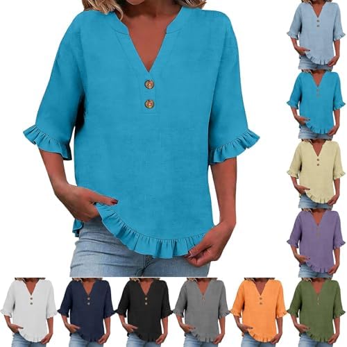 Linen Shirt for Women Summer Casual Button V Neck Ruffle 3/4 Sleeve Tops Solid Color Comfy Dressy Casual Tunic Blouses