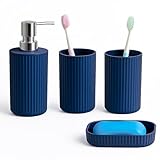 Novel Solutions Premium 4-Piece Bathroom Accessories Set – Matt Grey Rubber-Coated Soap Dispenser, Soap Dish, Tumbler Cup & Toothbrush Holder – Modern Vanity Organiser Kit (Blue Finish)