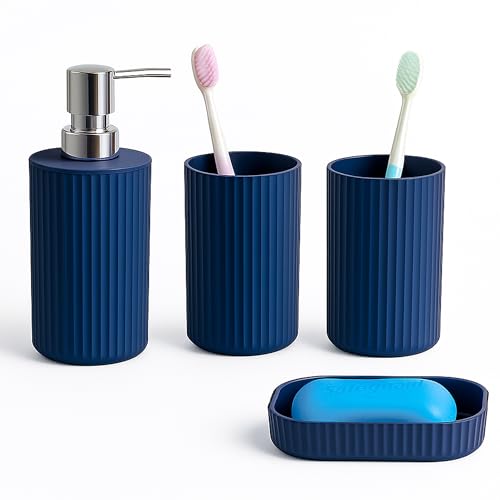 Novel Solutions Premium 4-Piece Bathroom Accessories Set – Matt Grey Rubber-Coated Soap Dispenser, Soap Dish, Tumbler Cup & Toothbrush Holder – Modern Vanity Organiser Kit (Blue Finish)