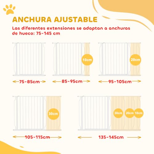 Miniatura 4 de Pawhut Barrera De Seguridad Para Perros Extensible 75-145 Cm Para Puertas Y Escaleras Puerta De Seguridad Apertura En Dos Sentidos Y Solo Una Mano Extensiones Montaje A Presión Y Doble Bloqueo Blanco