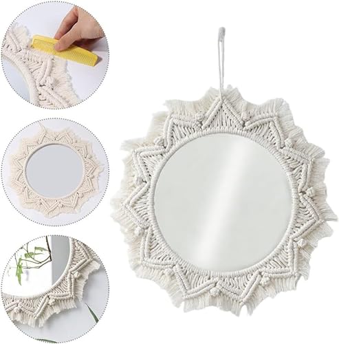 KHiry Hanging Wall Mirror with Macrame Bohemian Fringe Round Mirror Boho Macrame Circle Hanging Mirrors Bohemian Wall Hanging Mirror Decorative for Living Room Bedroom Home Decor - Image 4