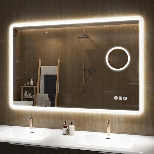 S'bagno Espelho de casa de banho com luz 100 x 70 cm, espelho de casa de banho - Led-Bluetooth com lupa 5X, anti-embaciamento, 3 cores, regulável, memória, vidro temperado HD, resistente à água IP44