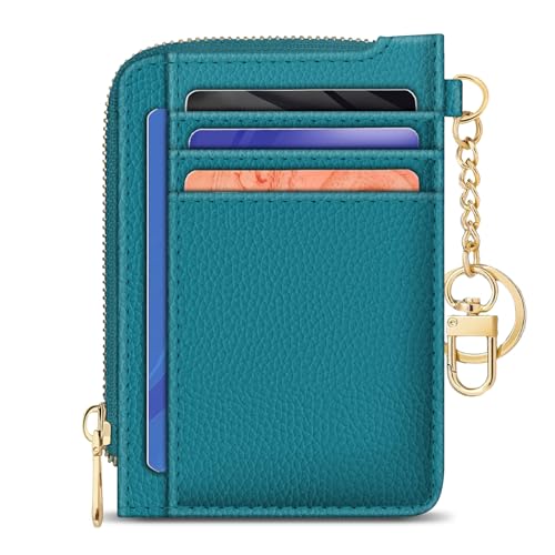 Image of GIANCOMICS Slim Wallet Credit Card Holder Women, Peacock Blue Rfid Blocking Small Card Case, Keychain Thin Pocket Curved Zipper Wallet, Travel Card Holder PU Leather ID Window, Ladies Female Gifts