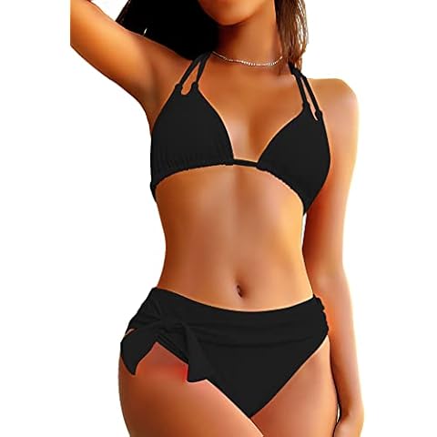 EJsoyo Women Two Piece Swimsuits Halter Tie String Bikini Set Cheeky V Neck Crop Bathing Suit Top Trim Knot Swimwear Bottom, Black, Medium Cover