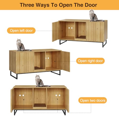 Cat Litter Box Enclosure for 2 Cats, 47.6’’ Litter Box Furniture Hidden with Scratch Pad, Double Room Large Cat Cabinet, Indoor Pet House TV Stand Side Table,Cats Washroom, Natural