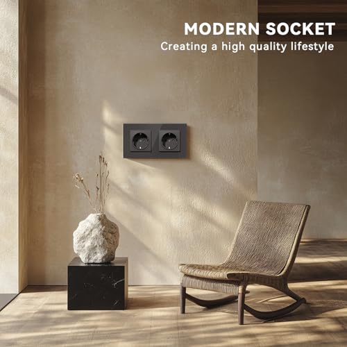 BSEED Steckdose aus Glas, EU-Standard Wandsteckdose mit Krallen, Einbausteckdose mit Kindersicherung, Einfach Montage, Neu E-Serie, 16A 250V,2 Fach-2 Pack,157mm Grau