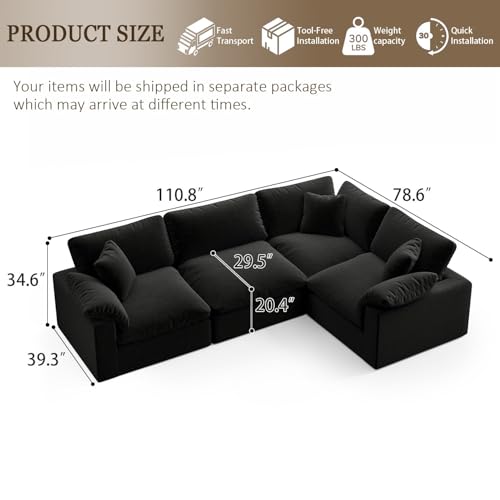 Image of Modular Sectional Sofa, 4 Seater Cloud Couch,Down Filled Comfy Cloud Modern Sofa,Black Linen Oversized Couch Cushion Covers Removable for Living Room