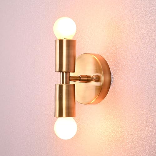 Image of Modern Brass Wall Sconce Lights - Industrial Double Bulb Vanity Fixture - Vintage Wall Lamp for Bathroom, Hallway, Bedroom, Living Room - Hardwired Light Fixture (1)