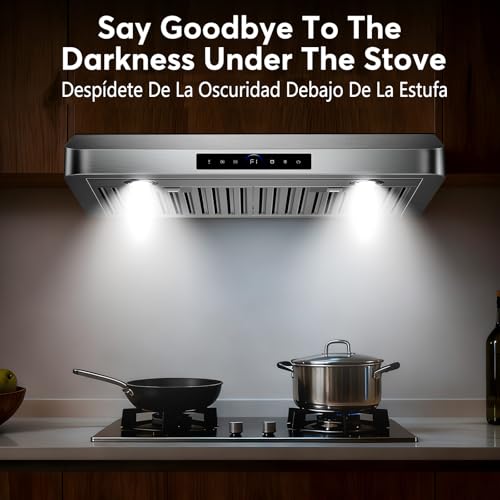 Image of Under Cabinet Range Hood 30 Inch, 1200 CFM, 4-Speed Kitchen Hood, 30 Stainless Steel Kitchen Stove Vent Hoods 30 Inch with 2 LED Lights Standard