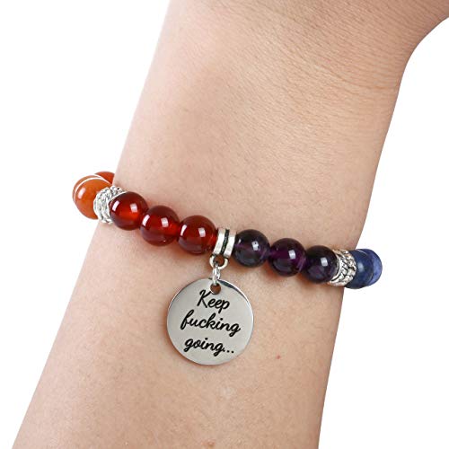 Top Plaza 7 Chakra Stone Bead Bracelets Yoga Reiki Healing Crystals Gemstone Beaded Bracelet Friendship Inspirational Message Charm Bracelet For Women Men - Keep Going #TOP1