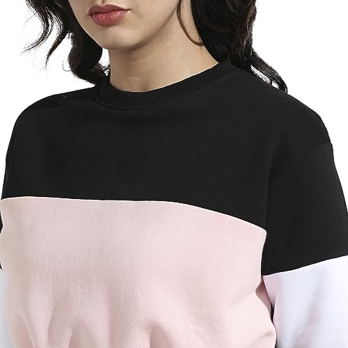 Image of Campus Sutra Women's Colorblock Sweatshirt with Ribbed Hem for Casual Wear | Low-High Neck | Long Sleeve | Button Closure | Cotton Sweatshirt Crafted with Comfort Fit for Everyday Wear