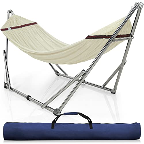 Tranquillo Double Hammock With Stand 550Lb Capacity Double Hammock With Spreader Bar, Solid Grade 201 Stainless Steel 30S Set Up, Sturdy Flexible Hammock Stand Portable, Outdoor Indoor, White #TOP11