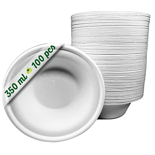 100 bols jetables en papier pour canne à sucre 350 ml. Vaisselle jetable biodégradable extra-forte blanche. Un bol pour les fêtes et les petits-déjeuners. Bols de bagasse