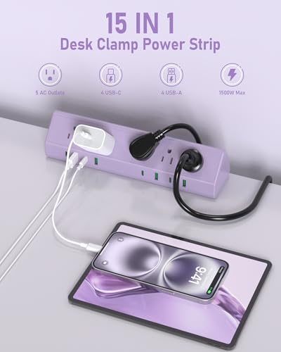 Image of Jgstkcity Desk Clamp Power Strip USB C 65W,Surge Protector,Purple | Surge Protector,5 Outlets,1875W Extension Cord,ETL Listed,Outlet Extender Desk Organizer,Office,Gaming,Dorm