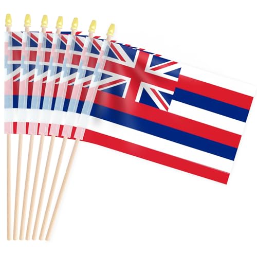 Pack of 20 Handheld Hawaii Flags 5x8 Inch - Small State of Hawaii HI Flags on Wood Sticks with Spear Top Mini Hawaiian Flag for Elections Patriotic Decorations Independence Day Celebrations