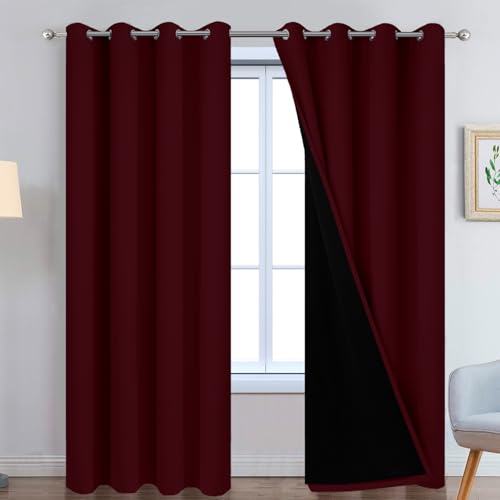 Image of Yakamok Wine Red 100% Blackout Curtains 84 Inches Long 52 inch Wide 2 Panels | Blackout Curtain Panels for Bedroom, 2 Thick Layers Grommet Top Thermal Insulated Drapes with Black Liner for Living Room